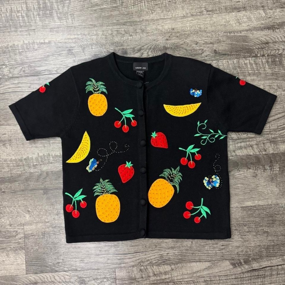 Vintage Morgan Cole Embroidered Beaded Fruit Short Sleeve Cardigan Sweater Sz S